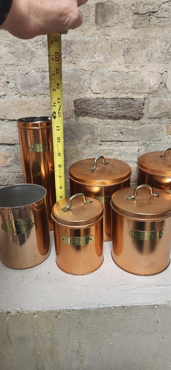 Sale Photo Thumbnail #78: Great set of copper colored aluminum canisters. Pasta, utensils, flour, sugar....