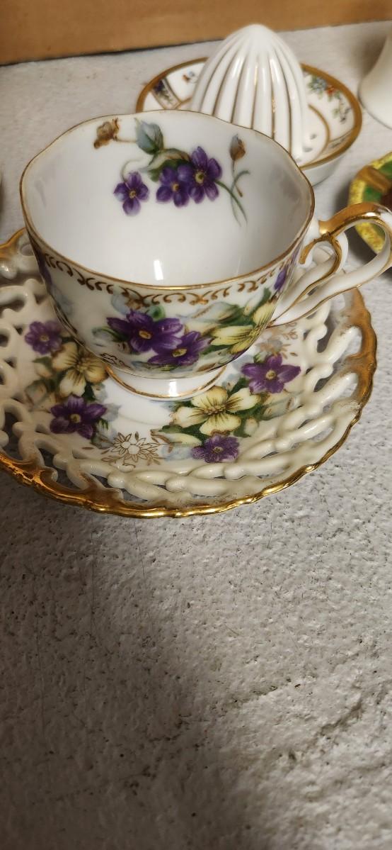 Sale Photo Thumbnail #109: Sweet lot of teacups, a special little reamer, fancy ashtray, darling bell