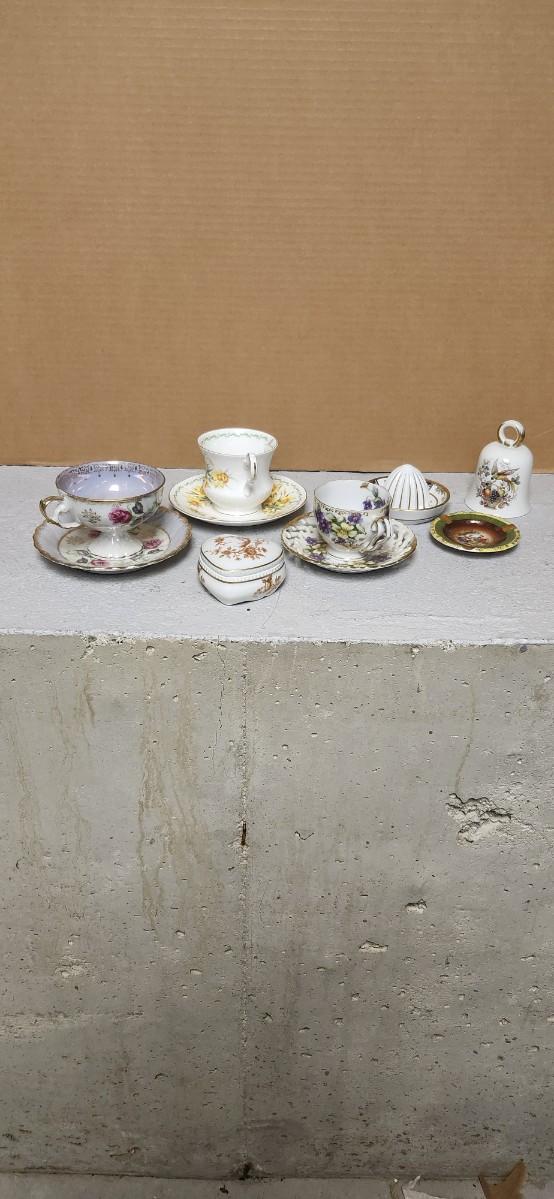 Sale Photo Thumbnail #102: Sweet lot of teacups, a special little reamer, fancy ashtray, darling bell