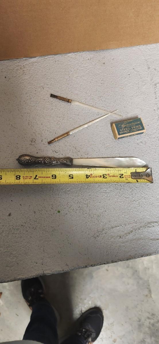 Sale Photo Thumbnail #132: Pair of ladies writing pens that are mother of pearl and gold. MoP letter opener with silver handle.