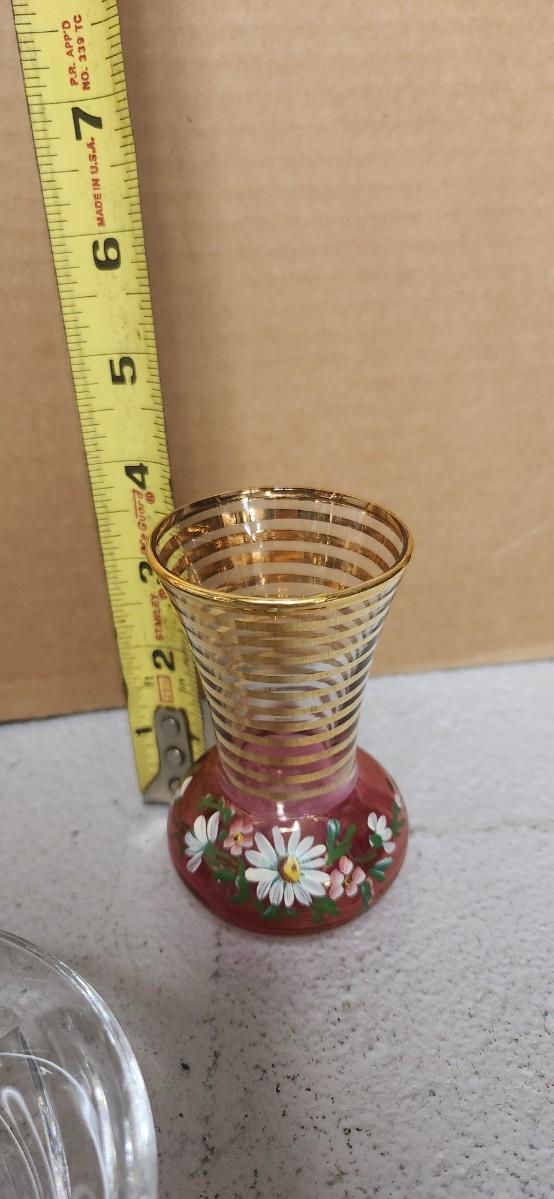 Sale Photo Thumbnail #139: Gorgeous little Baccarat finger bowl, cranberry glass small vase, pair of Waldonia crystal candlesticks and a few other things.