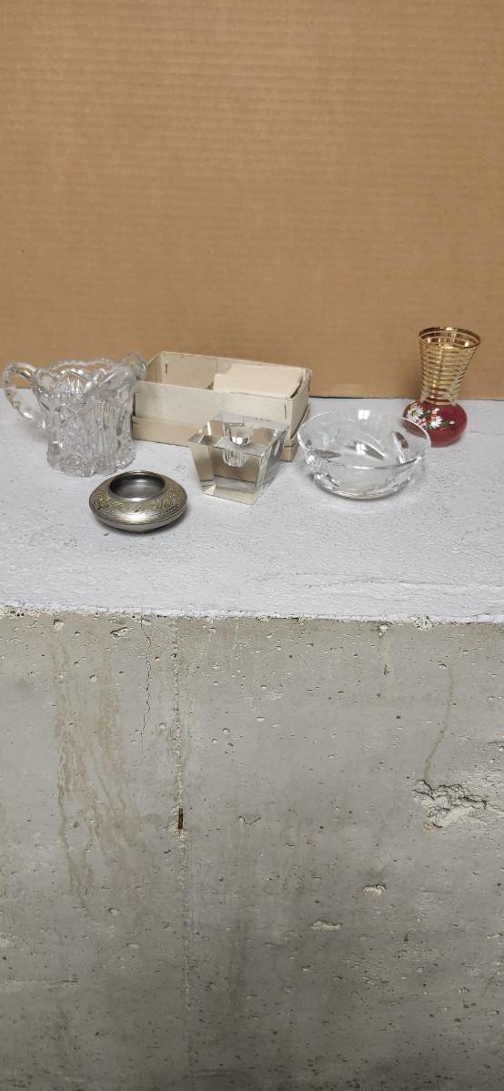 Sale Photo Thumbnail #138: Gorgeous little Baccarat finger bowl, cranberry glass small vase, pair of Waldonia crystal candlesticks and a few other things.