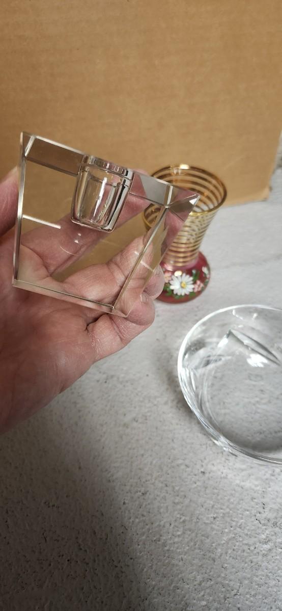 Sale Photo Thumbnail #144: Gorgeous little Baccarat finger bowl, cranberry glass small vase, pair of Waldonia crystal candlesticks and a few other things.