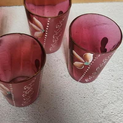Cranberry pitcher and 6 glasses