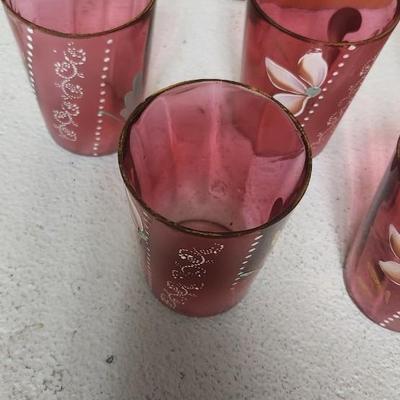 Cranberry pitcher and 6 glasses