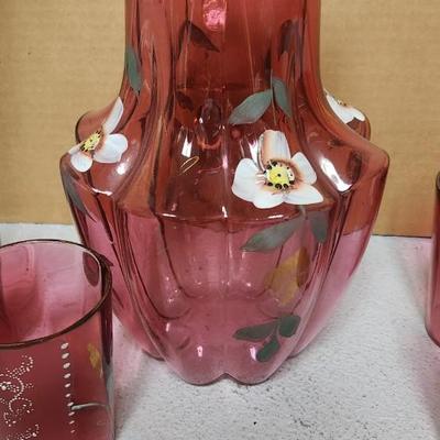 Cranberry pitcher and 6 glasses