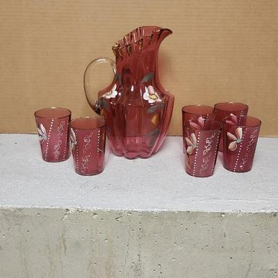 Cranberry pitcher and 6 glasses