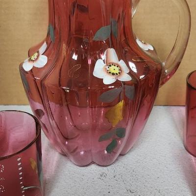 Cranberry pitcher and 6 glasses