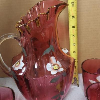 Cranberry pitcher and 6 glasses