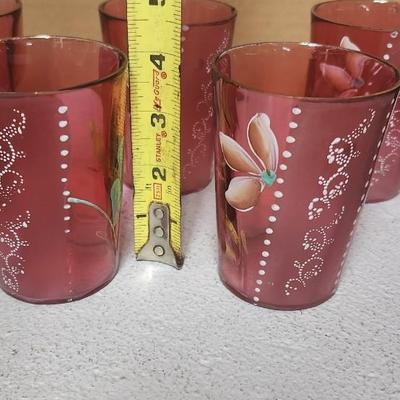 Cranberry pitcher and 6 glasses