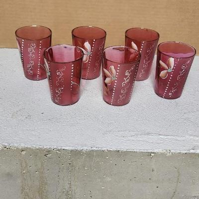 Cranberry pitcher and 6 glasses