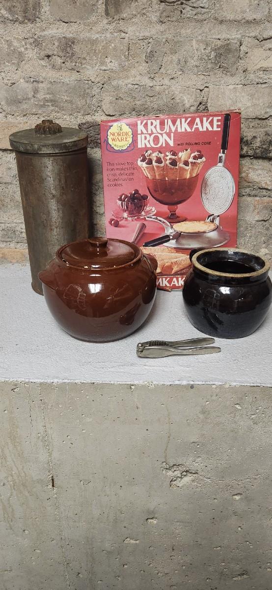 Sale Photo Thumbnail #291: Couple bean pots, a nutcracker, the inside of a big butterchurn and a krumkake iron