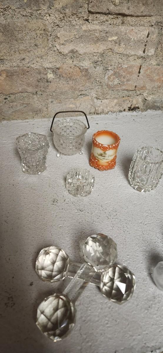 Sale Photo Thumbnail #303: Crystal toothpicks and salt cellar, a pair of antique knife rests...look at the cute shaker tops