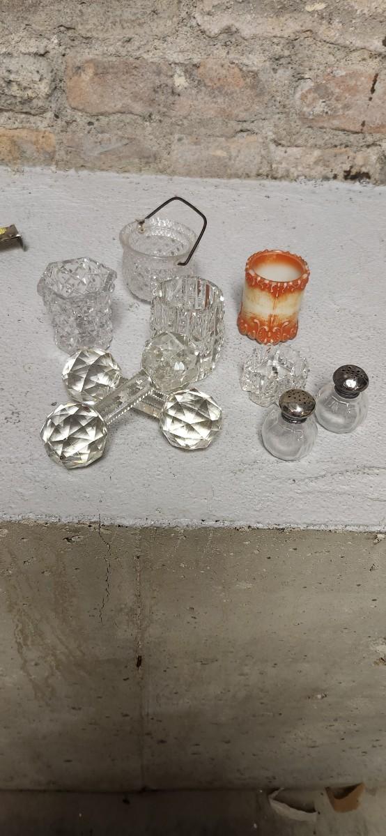 Sale Photo Thumbnail #302: Crystal toothpicks and salt cellar, a pair of antique knife rests...look at the cute shaker tops