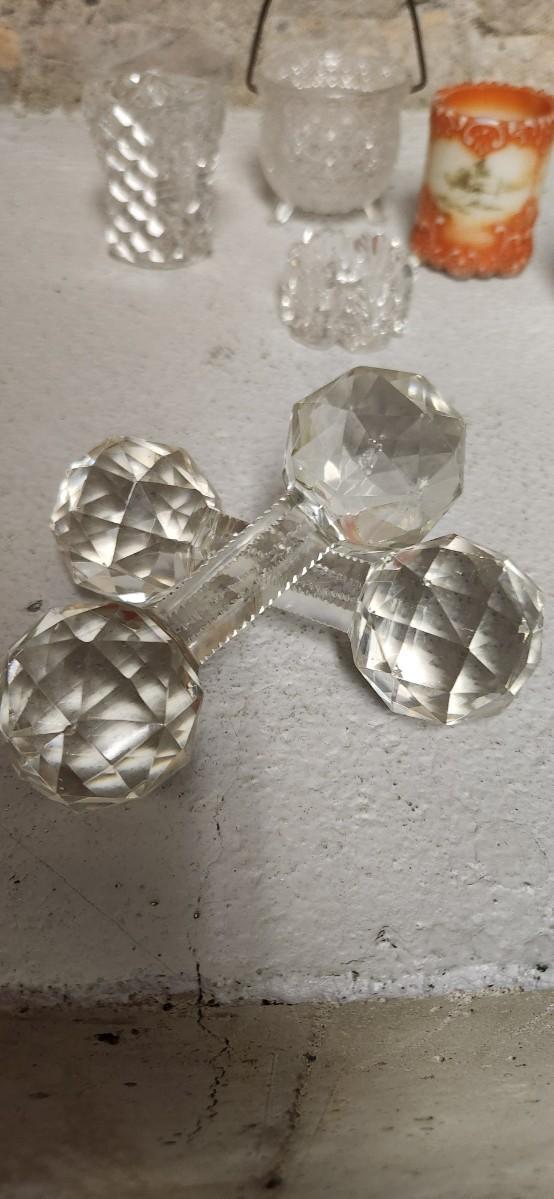 Sale Photo Thumbnail #306: Crystal toothpicks and salt cellar, a pair of antique knife rests...look at the cute shaker tops