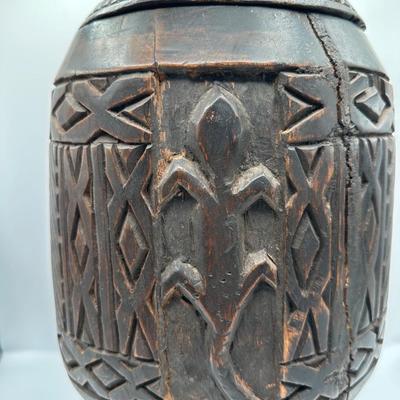 Hand-Carved African Style Wooden Lidded Vessel