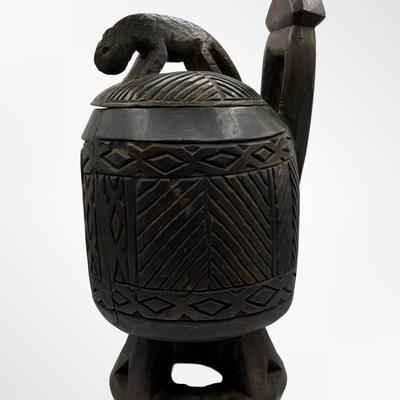 Hand-Carved African Style Wooden Lidded Vessel