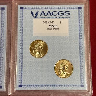 GRADED MS63 2017 P-MINT QUARTERS AND MS65 2019 D/P-MINT $1 SACAGAWEA COINS