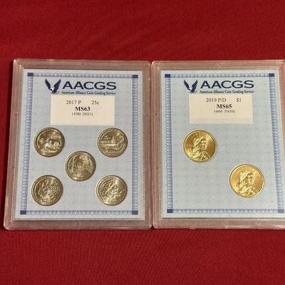 GRADED MS63 2017 P-MINT QUARTERS AND MS65 2019 D/P-MINT $1 SACAGAWEA COINS
