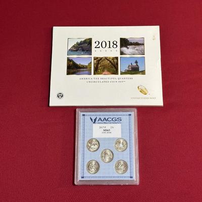 2018 AMERICA THE BEAUTIFUL QUARTERS UNCIRCULATED COIN SET AND GRADED MS63 2017 P-MINT QUARTERS
