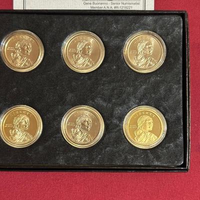 SET OF 6 SACAWAGEA DOLLAR COINS, 1999 UNCIRCULATED P-MINT QUARTERS AND COIN SET