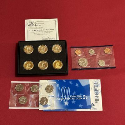 SET OF 6 SACAWAGEA DOLLAR COINS, 1999 UNCIRCULATED P-MINT QUARTERS AND COIN SET