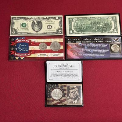 1976 BICENTENNIAL JFK HALF DOLLAR, 2013 $2 BILL, JFK BICENTENNIAL HALF DOLLAR, WASHINGTON BICENTENNIAL QUARTERS AND $2 DOLLAR BILL