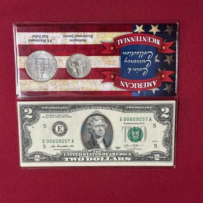 1976 BICENTENNIAL JFK HALF DOLLAR, 2013 $2 BILL, JFK BICENTENNIAL HALF DOLLAR, WASHINGTON BICENTENNIAL QUARTERS AND $2 DOLLAR BILL