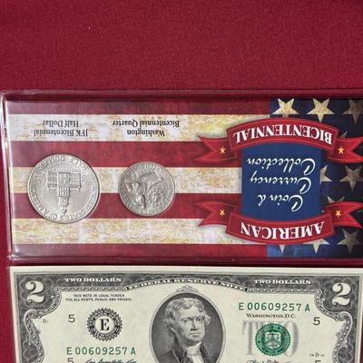 1976 BICENTENNIAL JFK HALF DOLLAR, 2013 $2 BILL, JFK BICENTENNIAL HALF DOLLAR, WASHINGTON BICENTENNIAL QUARTERS AND $2 DOLLAR BILL