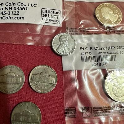 COIN CONTAINER OF BUFFALO NICKELS, 2009 PENNIES, 2014 S-MINT QUARTER, 2017 QUARTER, 1943 STEEL PENNY AND 3-1940’s NICKELS