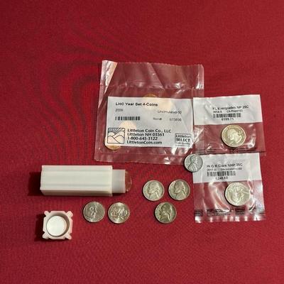 COIN CONTAINER OF BUFFALO NICKELS, 2009 PENNIES, 2014 S-MINT QUARTER, 2017 QUARTER, 1943 STEEL PENNY AND 3-1940’s NICKELS