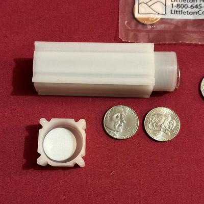 COIN CONTAINER OF BUFFALO NICKELS, 2009 PENNIES, 2014 S-MINT QUARTER, 2017 QUARTER, 1943 STEEL PENNY AND 3-1940’s NICKELS