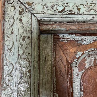 Vintage Carved Wooden Double Door with Distressed Turquoise Patina
