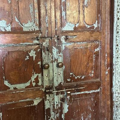 Vintage Carved Wooden Double Door with Distressed Turquoise Patina