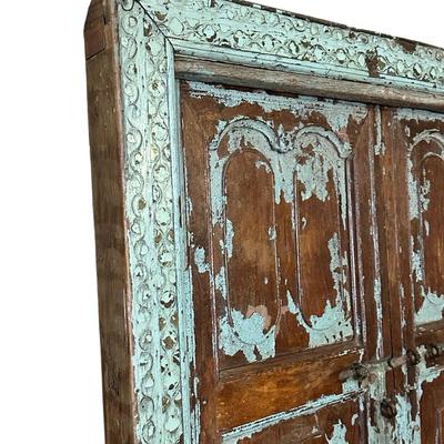 Vintage Carved Wooden Double Door with Distressed Turquoise Patina