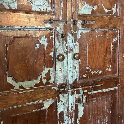 Vintage Carved Wooden Double Door with Distressed Turquoise Patina