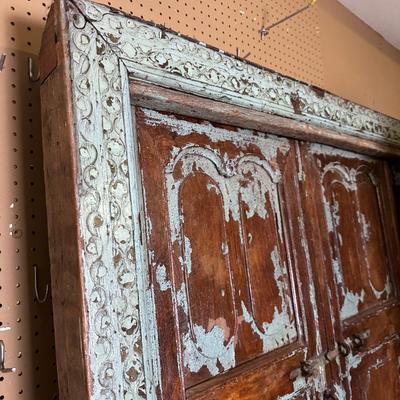 Vintage Carved Wooden Double Door with Distressed Turquoise Patina