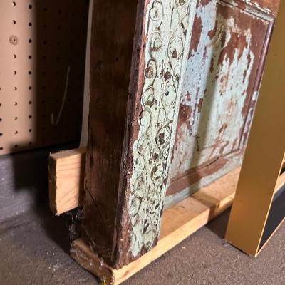 Vintage Carved Wooden Double Door with Distressed Turquoise Patina