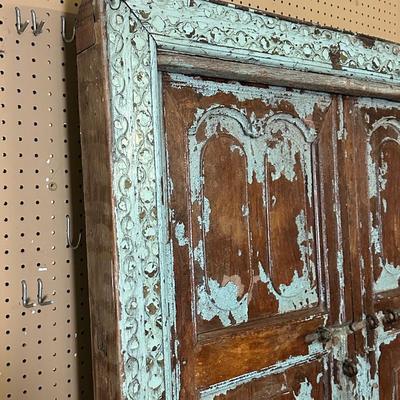 Vintage Carved Wooden Double Door with Distressed Turquoise Patina