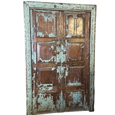 Vintage Carved Wooden Double Door with Distressed Turquoise Patina