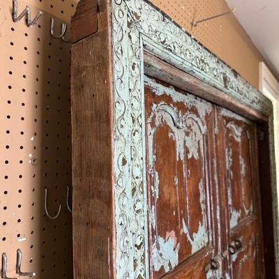 Vintage Carved Wooden Double Door with Distressed Turquoise Patina