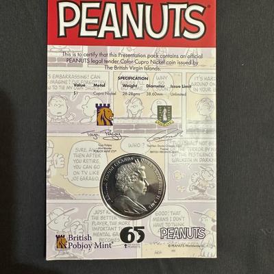 PEANUTS BRITISH VIRGIN ISLANDS $1 COIN WITH QUEEN ELIZABETH ON THE BACK SIDE, LOWES JIMMIE JOHNSON COIN AND 4 COLLECTORS COINS