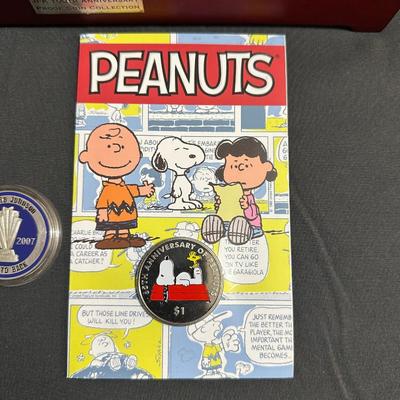 PEANUTS BRITISH VIRGIN ISLANDS $1 COIN WITH QUEEN ELIZABETH ON THE BACK SIDE, LOWES JIMMIE JOHNSON COIN AND 4 COLLECTORS COINS