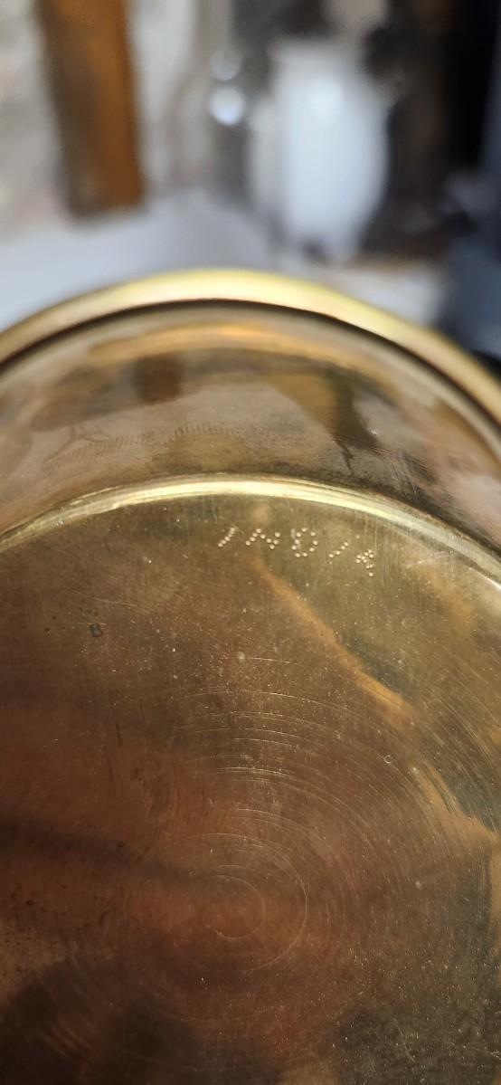 Sale Photo Thumbnail #393: Set of Golden forks, a big spider, brass dipper, wooden napkin rings and a pitcher