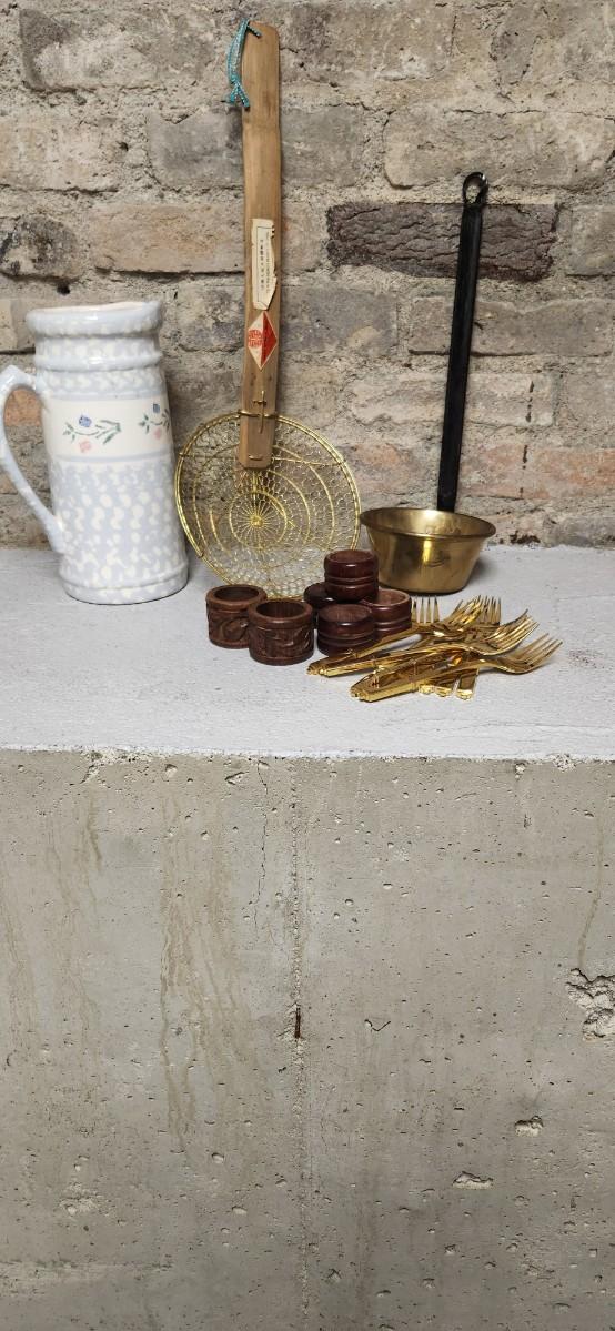 Sale Photo Thumbnail #385: Set of Golden forks, a big spider, brass dipper, wooden napkin rings and a pitcher