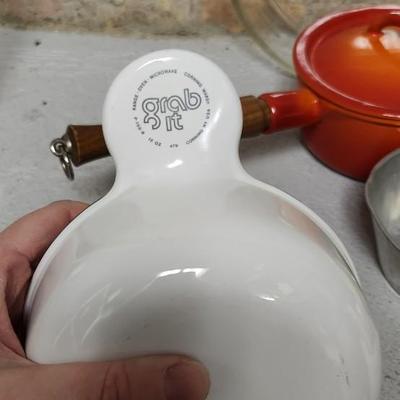 Pyrex, corelle and awesome vintage sauce pan