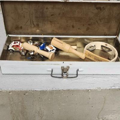 Vintage toy tool box and chess set