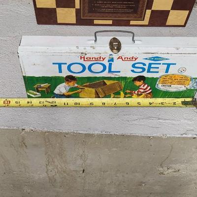 Vintage toy tool box and chess set