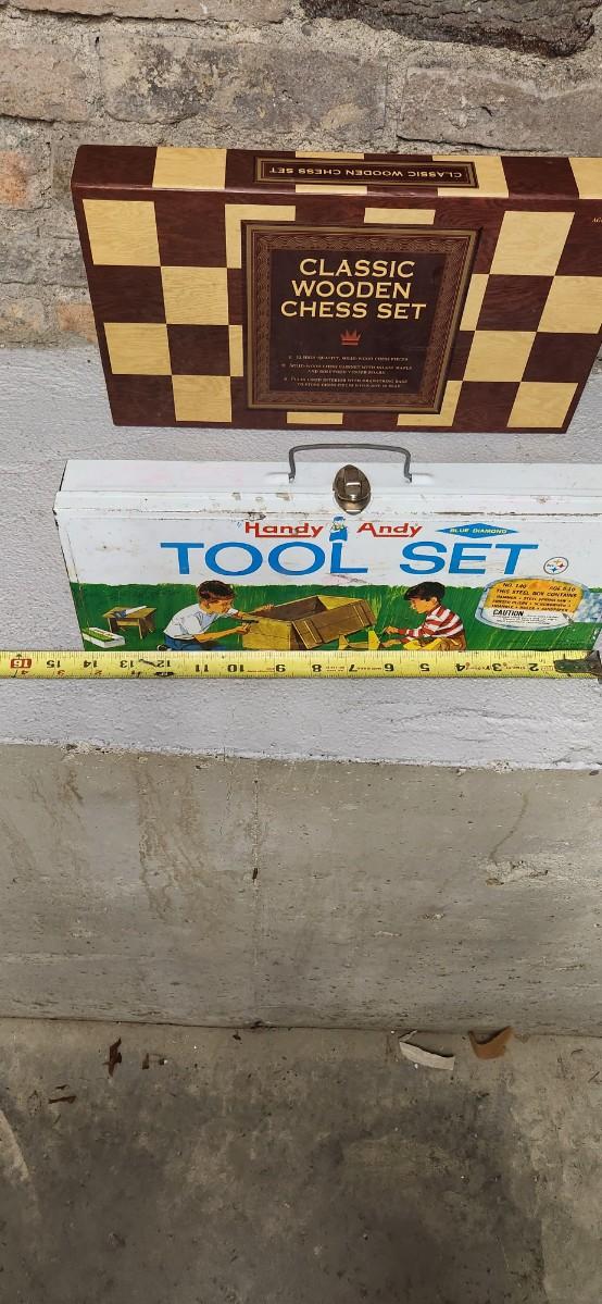 Sale Photo Thumbnail #444: Neat vintage toy box with various goodies in it and a brand new wooden chess set
