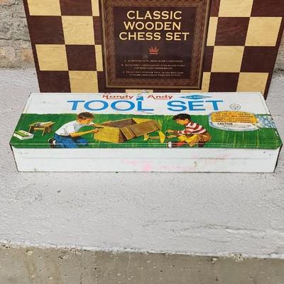 Vintage toy tool box and chess set